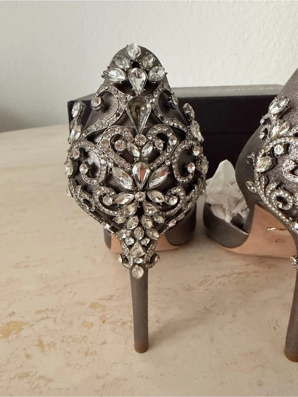 Badgley Mischka Metallic Taupe D'Orsay Pumps with Embellished Heel